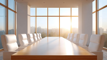 A stunning modern conference room featuring a large wooden table surrounded by stylish chairs, complemented by expansive windows that offer a breathtaking city view at sunset. Ideal for business meetings and collaborative sessions.の素材