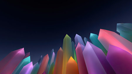 A stunning array of colorful crystals extends towards a dark sky, showcasing vibrant hues and soft gradients in an abstract design, creating a captivating visual.の素材