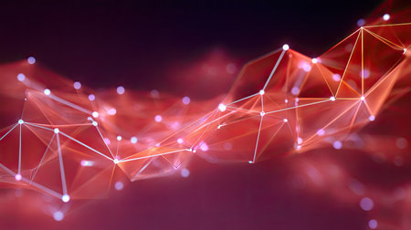 This abstract image showcases a geometric network of glowing nodes and connected lines, set against a vibrant red and purple gradient background, symbolizing digital connectivity.の素材