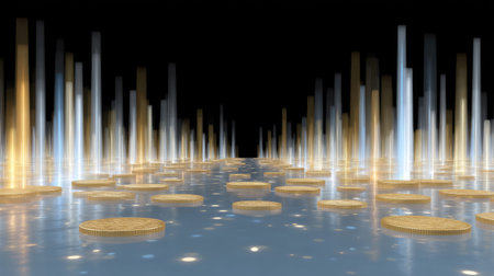 This digital artwork features golden coins rising from a reflective surface illuminated by vibrant light beams, depicting a futuristic financial concept.の素材