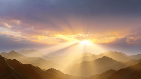 A stunning sunrise illuminates a serene mountain range, casting golden rays through soft clouds. The tranquil landscape evokes a sense of peace and exploration.の素材