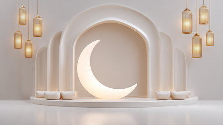 This image features an elegant moon-shaped light set against a minimalist interior backdrop, accentuated by sophisticated hanging lanterns, creating a serene and inviting atmosphere.の素材