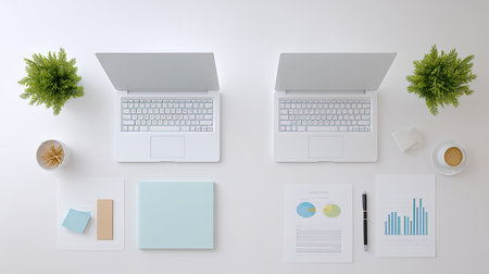 A bright and modern workspace featuring two laptops, office supplies, plants, and visual data elements. Ideal for themes of organization and productivity.の素材