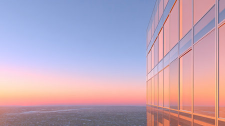 A breathtaking view of a modern glass building reflecting the colorful hues of sunrise, overlooking an expansive city skyline and serene horizon.の素材