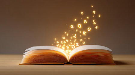 An enchanting image of an open book with floating letters and a magical glow effect, symbolizing the power of knowledge and the joy of reading.の素材