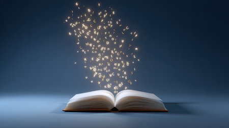 An enchanting open book emits sparkling letters and symbols, creating a magical atmosphere that symbolizes knowledge and creativity. Perfect for educational themes.の素材