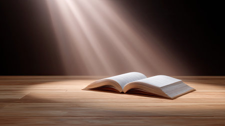 A mesmerizing image showcasing an open book lying on a wooden surface, illuminated by soft light with dramatic shadows, perfect for themes of knowledge and creativity.の素材