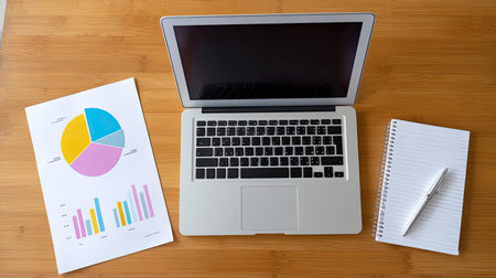 A clean workspace featuring a laptop, colorful charts, and a notepad, ideal for business analysis, planning, and productivity enhancement.の素材
