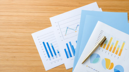 A collection of business analysis reports featuring vibrant charts and graphs, all arranged on a wooden desk. Ideal for presentations and strategic planning.の素材