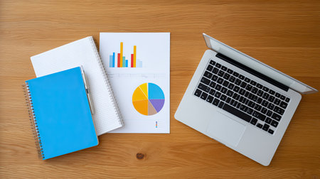 A modern workstation featuring a laptop, open notebooks, and colorful charts on a wooden desk, ideal for business or educational activities.の素材