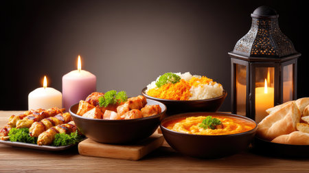 This captivating image captures a beautifully arranged spread of Middle Eastern cuisine, featuring vibrant dishes, warm candlelight, and inviting ambiance, perfect for food lovers.の素材