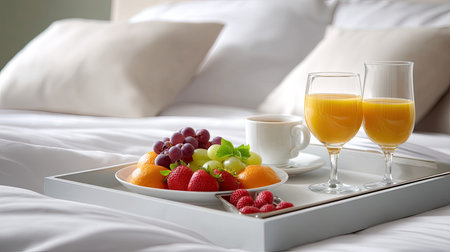 A beautifully arranged breakfast tray featuring fresh fruits and beverages, set in a cozy bedroom ambiance perfect for a relaxing morning experience.の素材