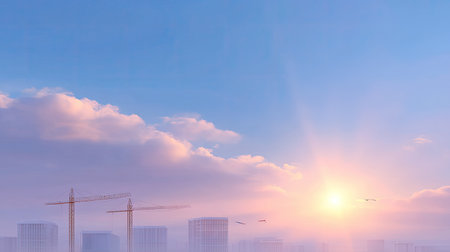 A stunning sunrise illuminates a construction site with cranes silhouetted against a colorful sky, symbolizing urban development and progress.の素材