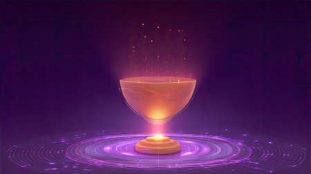 This abstract image features a glowing bowl design radiating vibrant colors against a dark background, perfect for technology and creativity themes.の素材