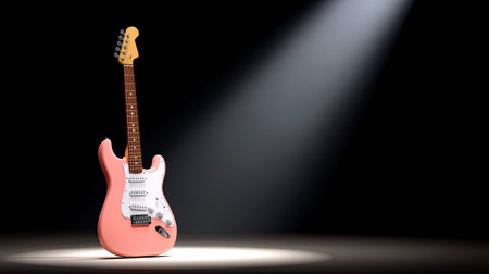 This striking image features a pink electric guitar elegantly positioned under a spotlight, highlighting its design and artistry against a dark backdrop, capturing the essence of music.の素材