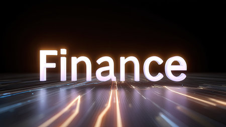This image features the word "Finance" illuminated with dynamic light trails, symbolizing the intersection of finance and advanced technology in today's digital landscape.の素材