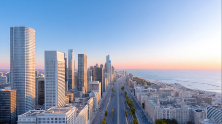 This stunning aerial view captures a vibrant urban skyline at dawn, showcasing towering skyscrapers against a serene coastline. The blend of city and nature evokes a sense of tranquility and beauty.の素材