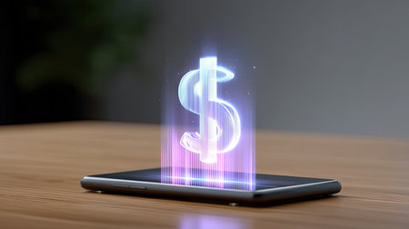 A colorful holographic dollar symbol appears to emerge from a smartphone, signifying the integration of technology and finance in modern business.の素材