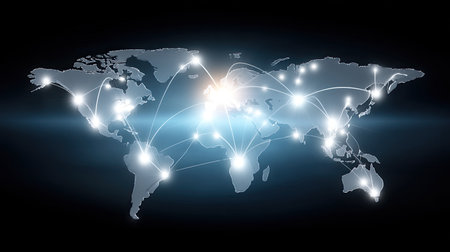 This image illustrates a global map showcasing connectivity networks with light effects, symbolizing data flow and communication channels in a digital landscape.の素材