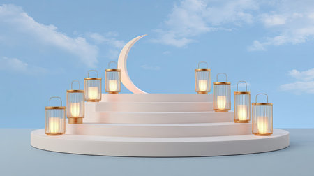 This charming setup features softly glowing lanterns arranged on steps with a crescent moon against a blue sky, perfect for peaceful and artistic designs.の素材