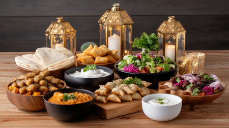 A vibrant and inviting display of various traditional dishes arranged on a wooden table, complemented by stylish lanterns and fresh ingredients, perfect for gatherings.の素材