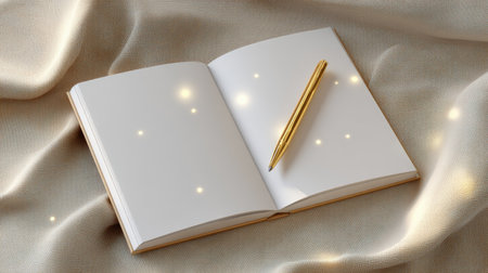 An inviting scene featuring an open blank notebook and a gold pen resting on soft fabric, surrounded by softly glowing lights that evoke a sense of creativity and inspiration.の素材