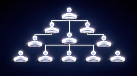 This image depicts a futuristic digital hierarchy structure featuring glowing nodes arranged in a pyramid layout. The design symbolizes technology and interconnected systems.の素材