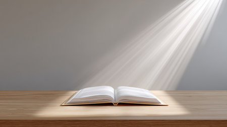 A serene scene featuring an open book resting on a wooden table, illuminated by soft light rays, creating a tranquil atmosphere ideal for reading and learning.の素材