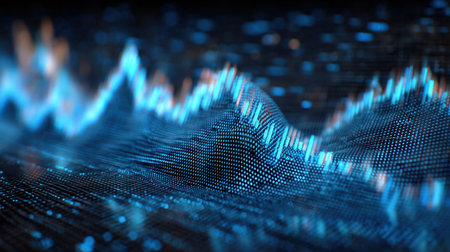 Explore a captivating abstract image of digital data visualization in blue tones, featuring dynamic wave patterns and glowing lines that represent technology and analytics.の素材