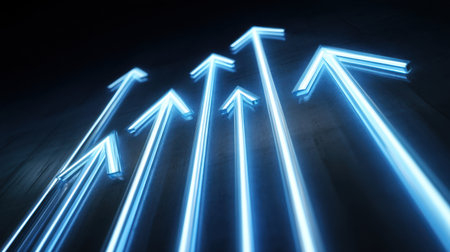 This striking image features several neon arrows illuminated in blue, creating a vibrant display of upward movement against a dark backdrop. Perfect for themes of growth and progress.の素材