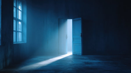 A captivating scene featuring a partially open door that emits a soft blue light into a dark room, evoking a sense of mystery and inviting exploration.の素材