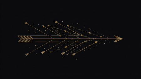 Eye-catching design featuring golden arrows moving in various directions against a dark background. Perfect for creative projects and modern digital artwork.の素材