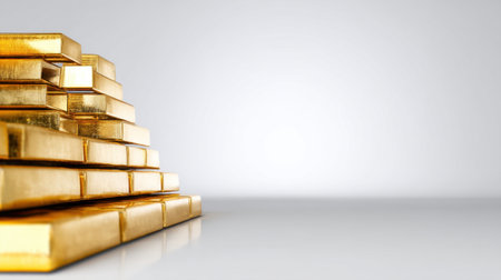 A striking arrangement of gold bars is stacked neatly on a reflective surface, embodying the essence of wealth and financial success in the modern economy.の素材