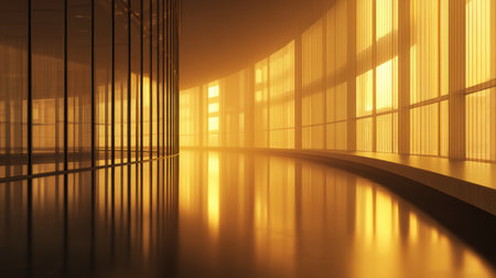 A stunning modern architectural interior showcasing warm golden light streaming through large windows, creating a tranquil atmosphere with sleek lines and reflective surfaces.の素材
