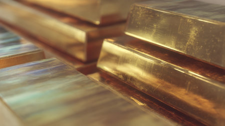 This image captures the intricate details of polished gold bars stacked together, showcasing their reflective surfaces and luxurious appeal, suitable for themes of wealth.の素材