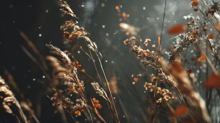 A mesmerizing scene featuring golden grasses and delicate flowers illuminated by soft light, creating an ethereal atmosphere with floating snowflakes in the background.の素材