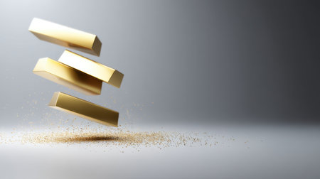 This captivating image features floating golden bars above a dusty surface, creating an abstract representation of luxury and success in a minimalist setting.の素材