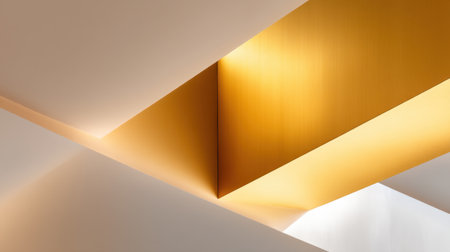 Explore a striking abstract composition showcasing intersecting planes highlighted by warm golden light, emphasizing smooth textures and minimalist architectural aesthetics.の素材
