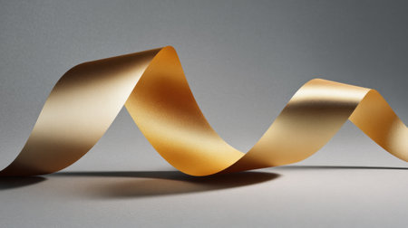 A stunning gold ribbon gracefully flows against a soft background, showcasing its elegant texture and shine, perfect for celebrations and creative projects.の素材
