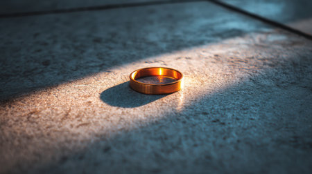 A solitary gold ring rests on a textured stone surface, illuminated by soft light and shadows, evoking elegance and simplicity in this captivating jewelry scene.の素材