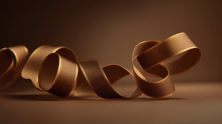 A sophisticated ribbon gracefully curves and twists against a smooth brown background, showcasing its texture and warm tones for artistic inspiration and design ideas.の素材