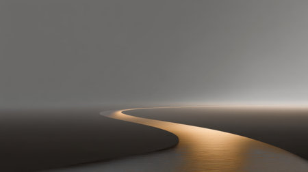 This image captures a serene water path with gentle light reflecting in a foggy landscape, evoking tranquility and peacefulness in a minimalist setting.の素材