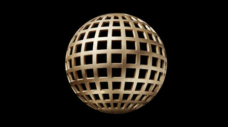 This artistic geometric sphere features a sophisticated grid pattern with a luxurious gold finish against a deep black background, perfect for a modern design.の素材