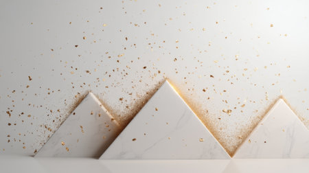 Stunning arrangement of geometric marble triangles with golden splashes creates a luxurious, modern aesthetic ideal for stylish design projects and artistic backgrounds.の素材