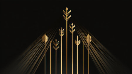 A captivating composition featuring golden arrows rising against a dark backdrop, enhanced by radiant light rays. Ideal for themes of ambition, growth, and inspiration.の素材