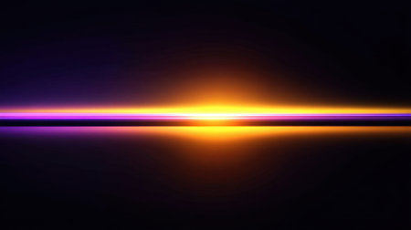 This striking digital artwork features a vivid orange and purple light beam reflected on a sleek black background, creating an engaging and modern visual experience.の素材
