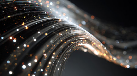 This stunning abstract image portrays a flowing wave of luminous particles shimmering in a dark space, symbolizing digital transformation and modern technology.の素材