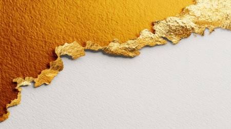 Artistic representation of gold foil against white paper, highlighting the smooth texture and clean separation, ideal for elegant designs and creative projects.の素材