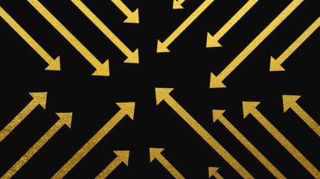A striking design featuring gold arrows pointing upward against a sleek black background, perfect for themes of success and growth in various creative projects.の素材