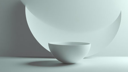 This image showcases a minimalist white bowl set against a softly curved background, creating an atmosphere of tranquility and elegance with subtle shadows and soft lighting.の素材